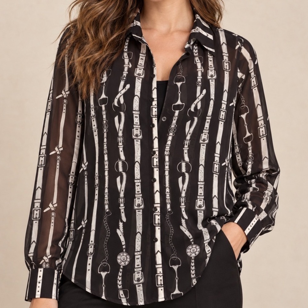 David Cline Equestrian Belt Print Sheer Blouse Black White  Print L c5